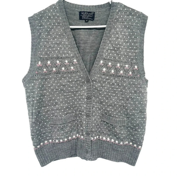 Vintage 80's Knit Sweater Vest KnitivoII Cardigan Size 42 Gray Made in Korea - Picture 3 of 12